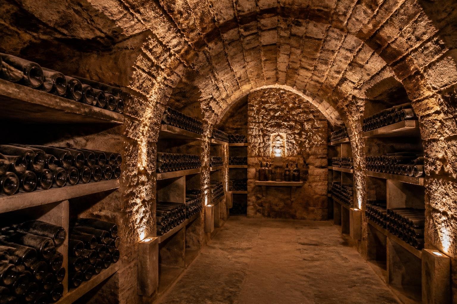 Intérieur de la cave du Relais des Vignes : voûte en pierre, bouteilles de vin rangées, éclairage tamisé
