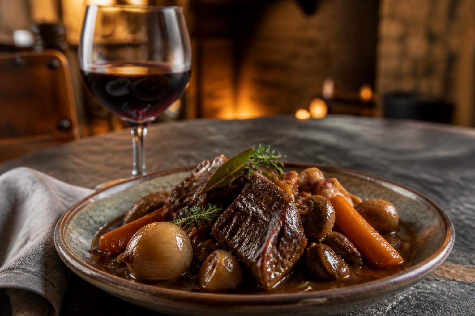 Bœuf bourguignon servi avec un verre de vin rouge de Bourgogne, présentation classique et généreuse