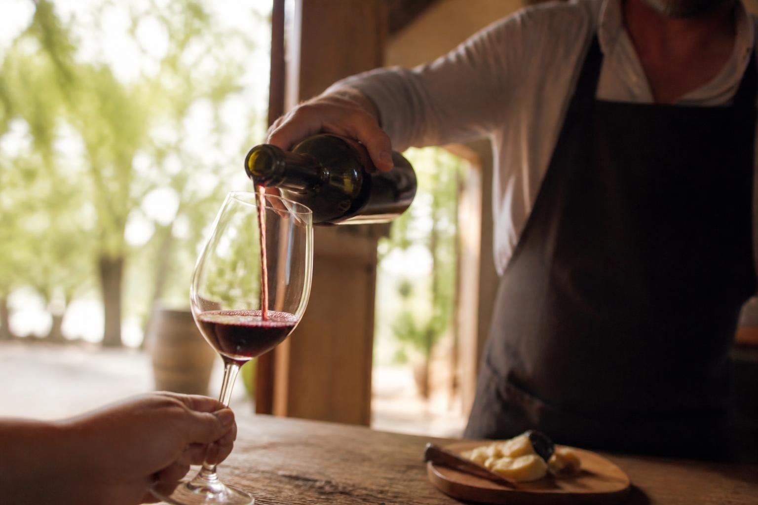 Moment de dégustation : versée de vin dans un verre, geste expert et accueillant