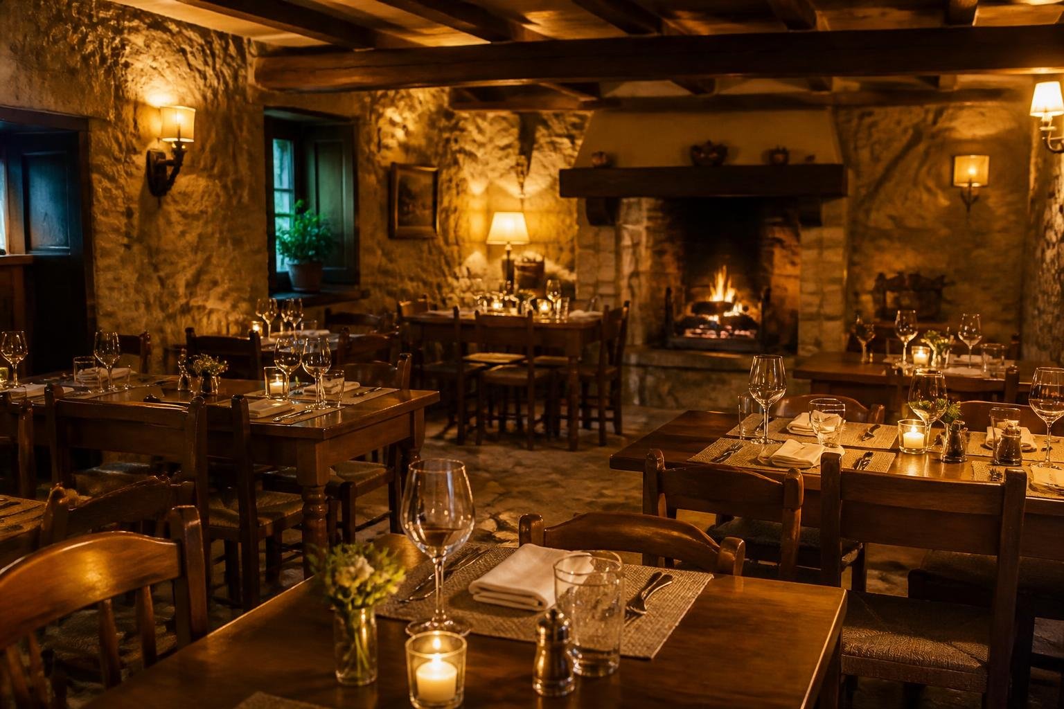 Intérieur chaleureux du Relais des Vignes avec tables dressées et éclairage tamisé