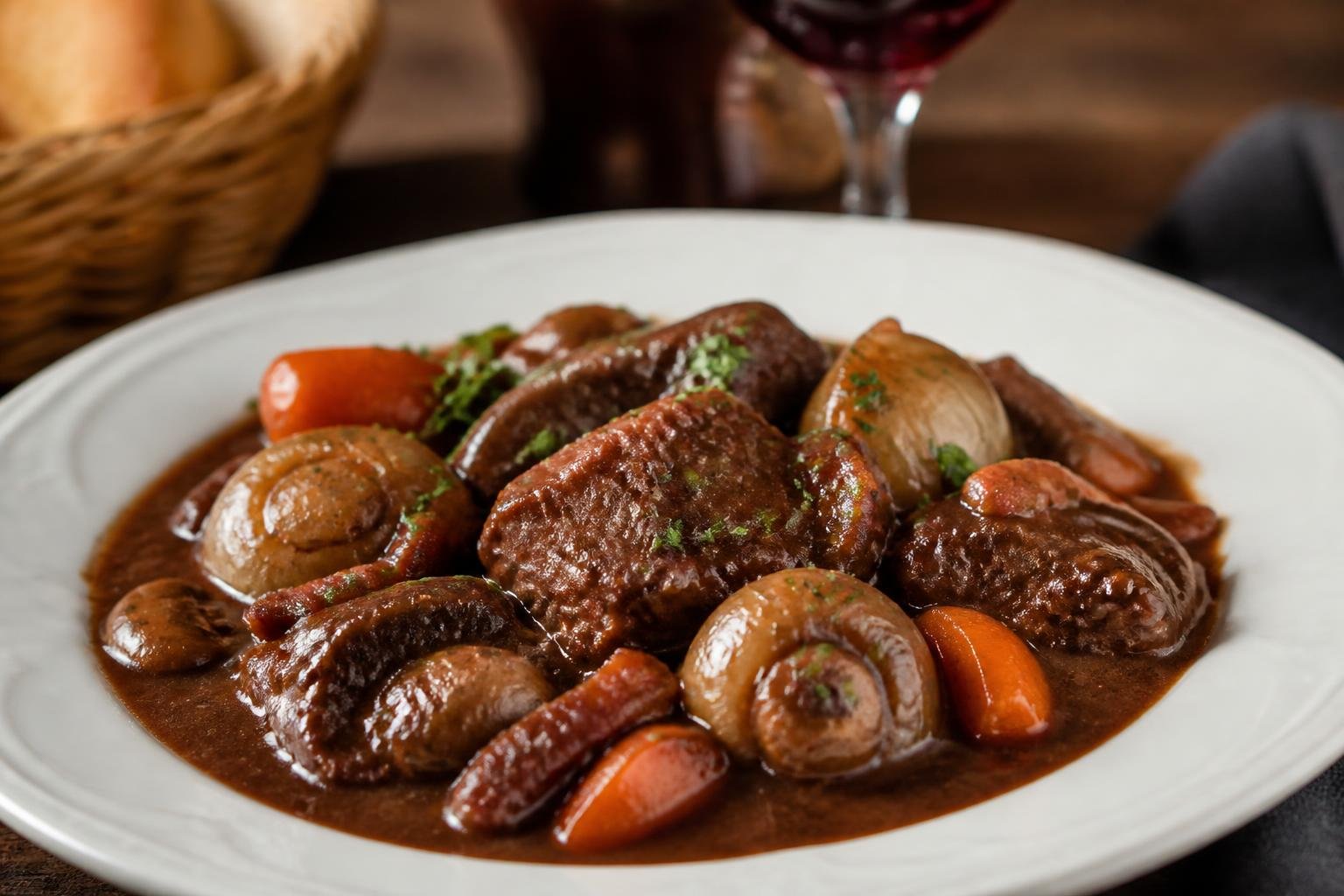 Bœuf bourguignon servi en assiette, plat signature de la maison